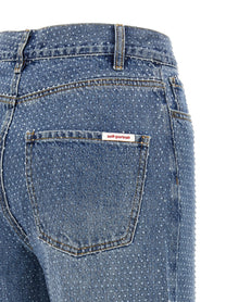 self-portrait Rhinestone Denim Straight Leg Jeans Blue