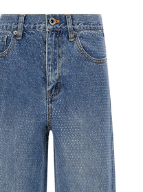 self-portrait Rhinestone Denim Straight Leg Jeans Blue