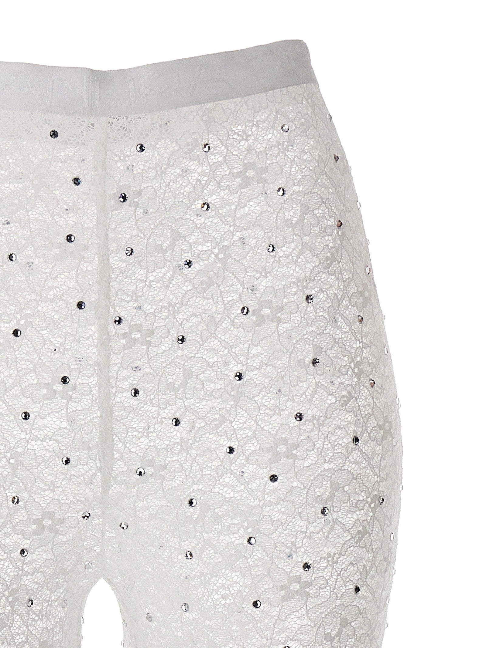 Alessandra Rich Rhinestone Lace Leggings White
