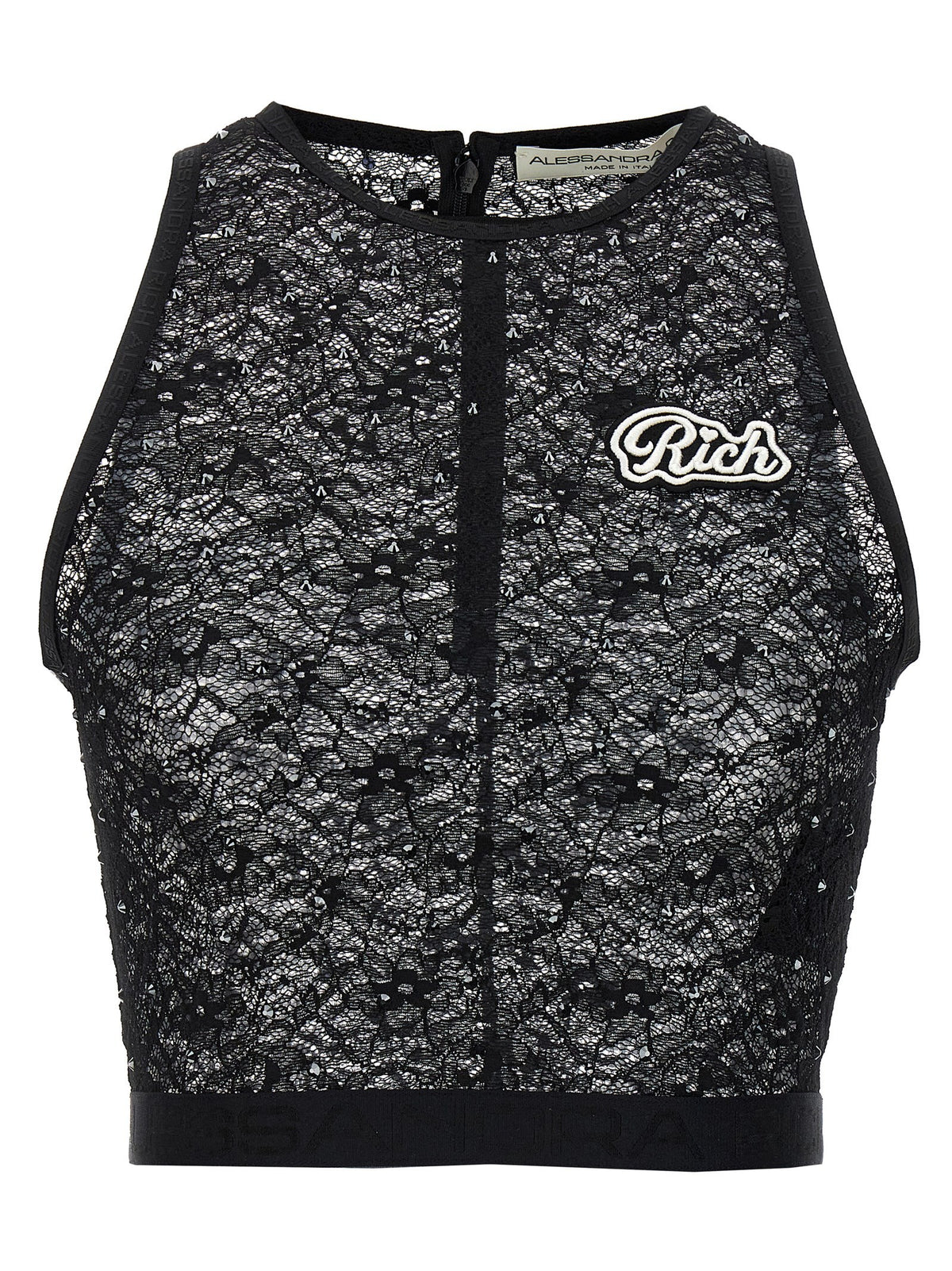 Alessandra Rich Rhinestone Lace Top Black