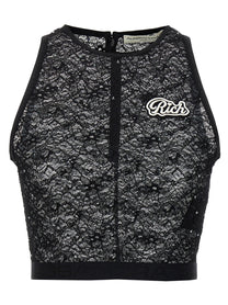 Alessandra Rich Rhinestone Lace Top Black