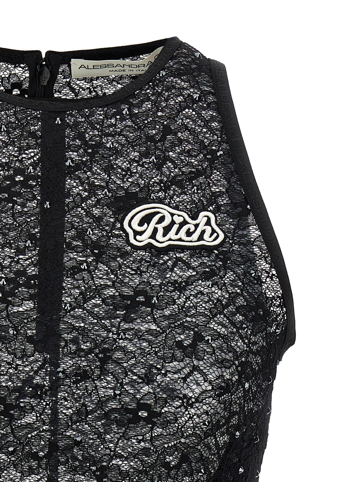 Alessandra Rich Rhinestone Lace Top Black