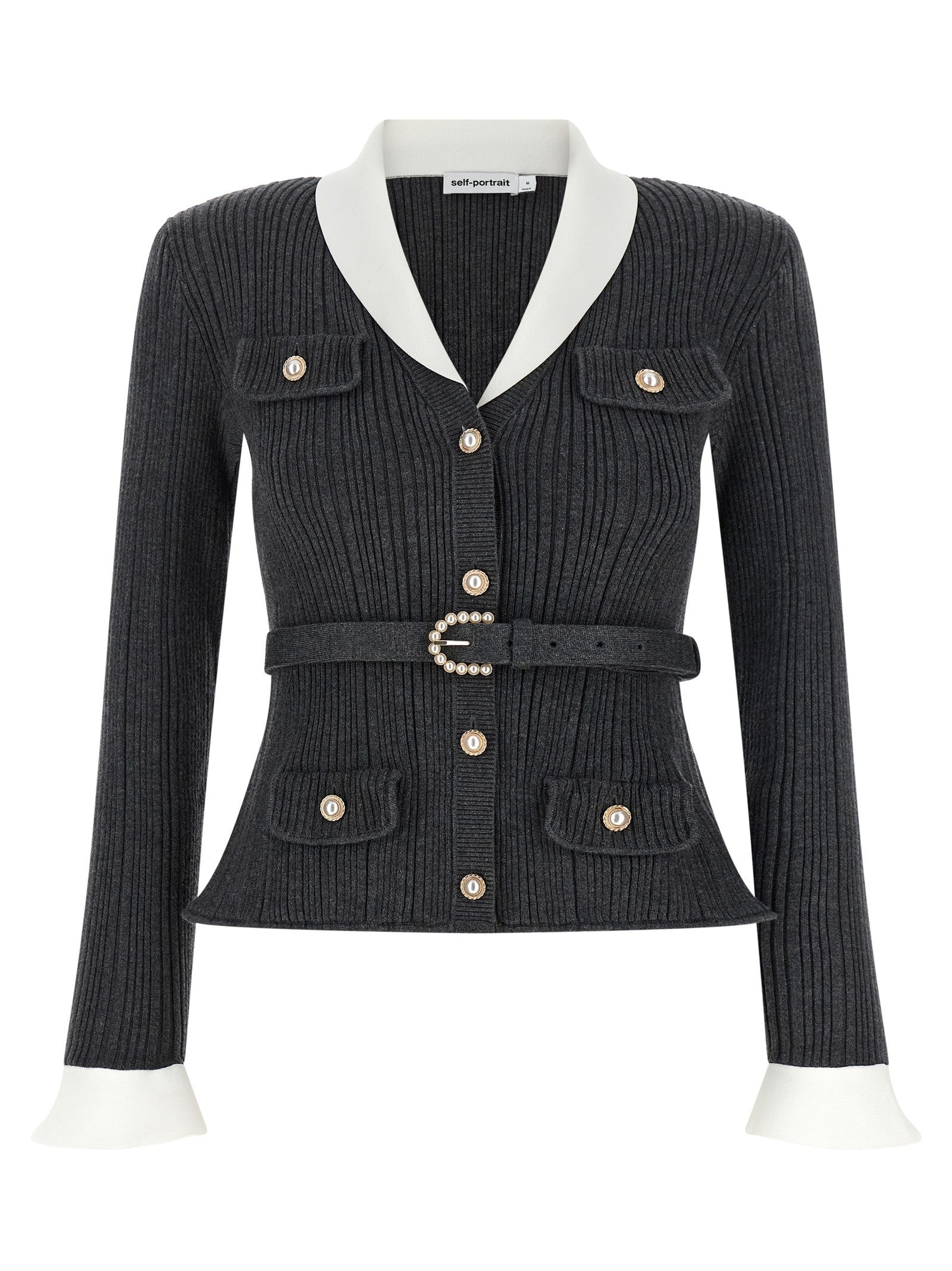 self-portrait Ribbed Cardigan Grey