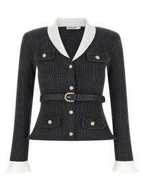 self-portrait Ribbed Cardigan Grey