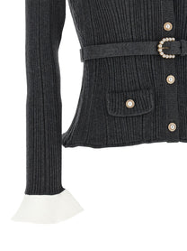 self-portrait Ribbed Cardigan Grey
