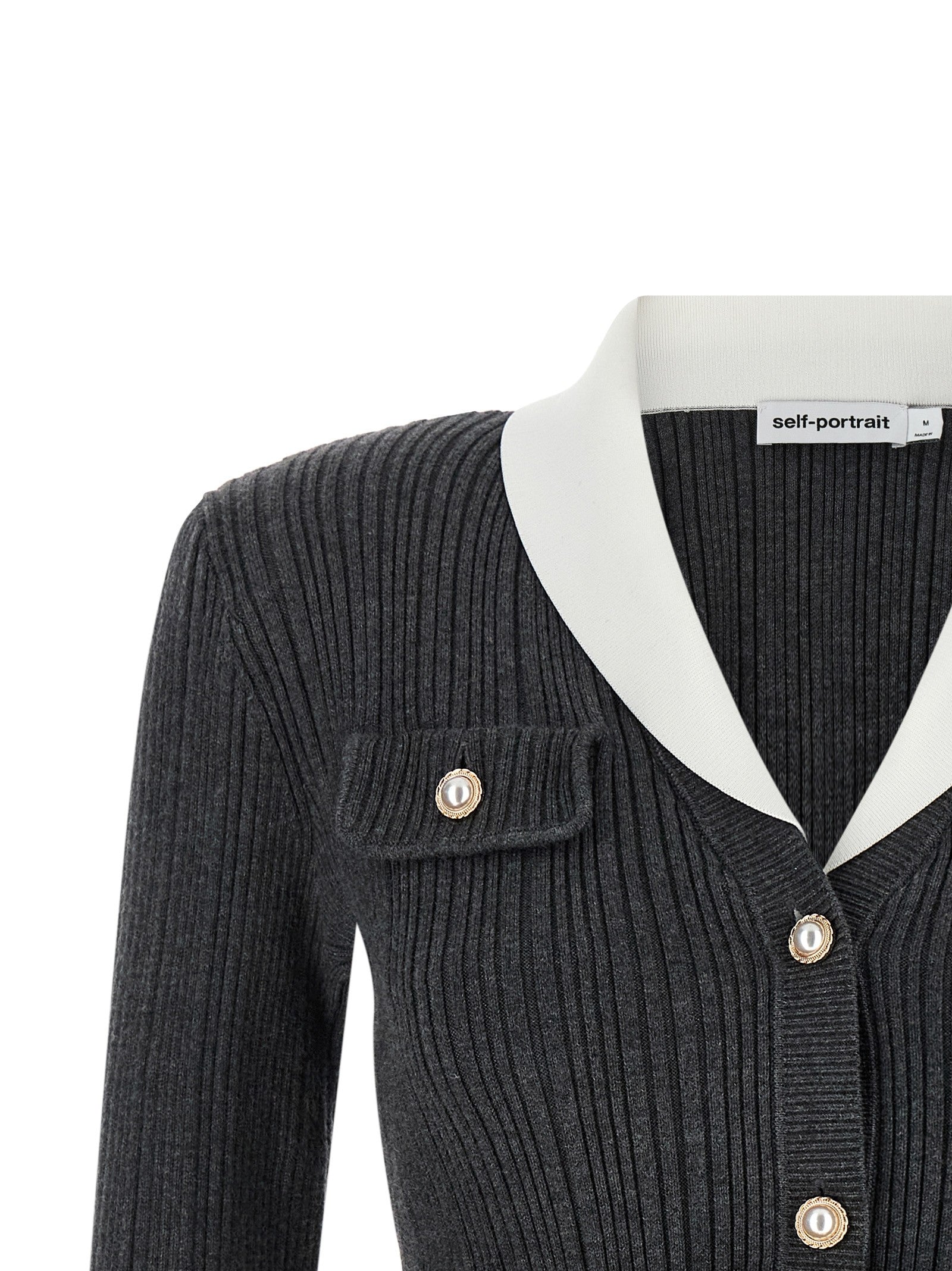 self-portrait Ribbed Cardigan Grey