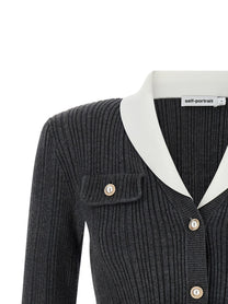 self-portrait Ribbed Cardigan Grey