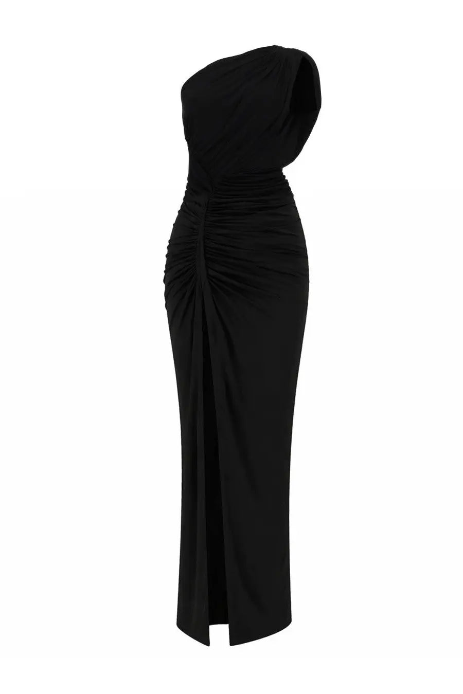 Rick Owens Lilies women’s black one-shoulder gown with ruched detailing and a high slit in luxurious fabric