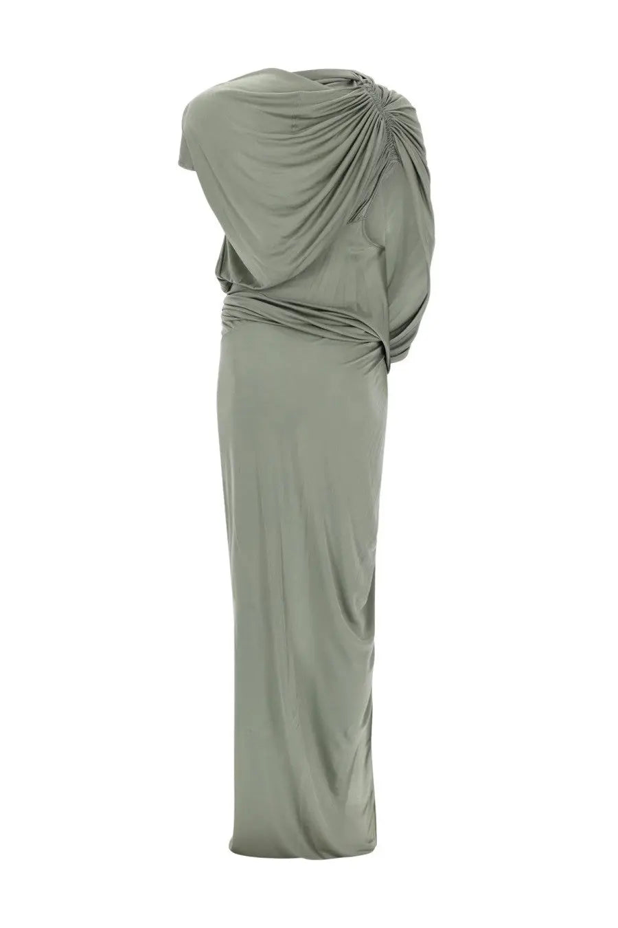 Rick Owens Lilies women’s Ares gown jade dress green sleek olive-green satin with draped asymmetrical design flowing floor-length