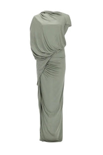 Rick Owens Lilies women’s Ares gown jade dress green sleek olive-green draped one-shoulder flowing fabric gown