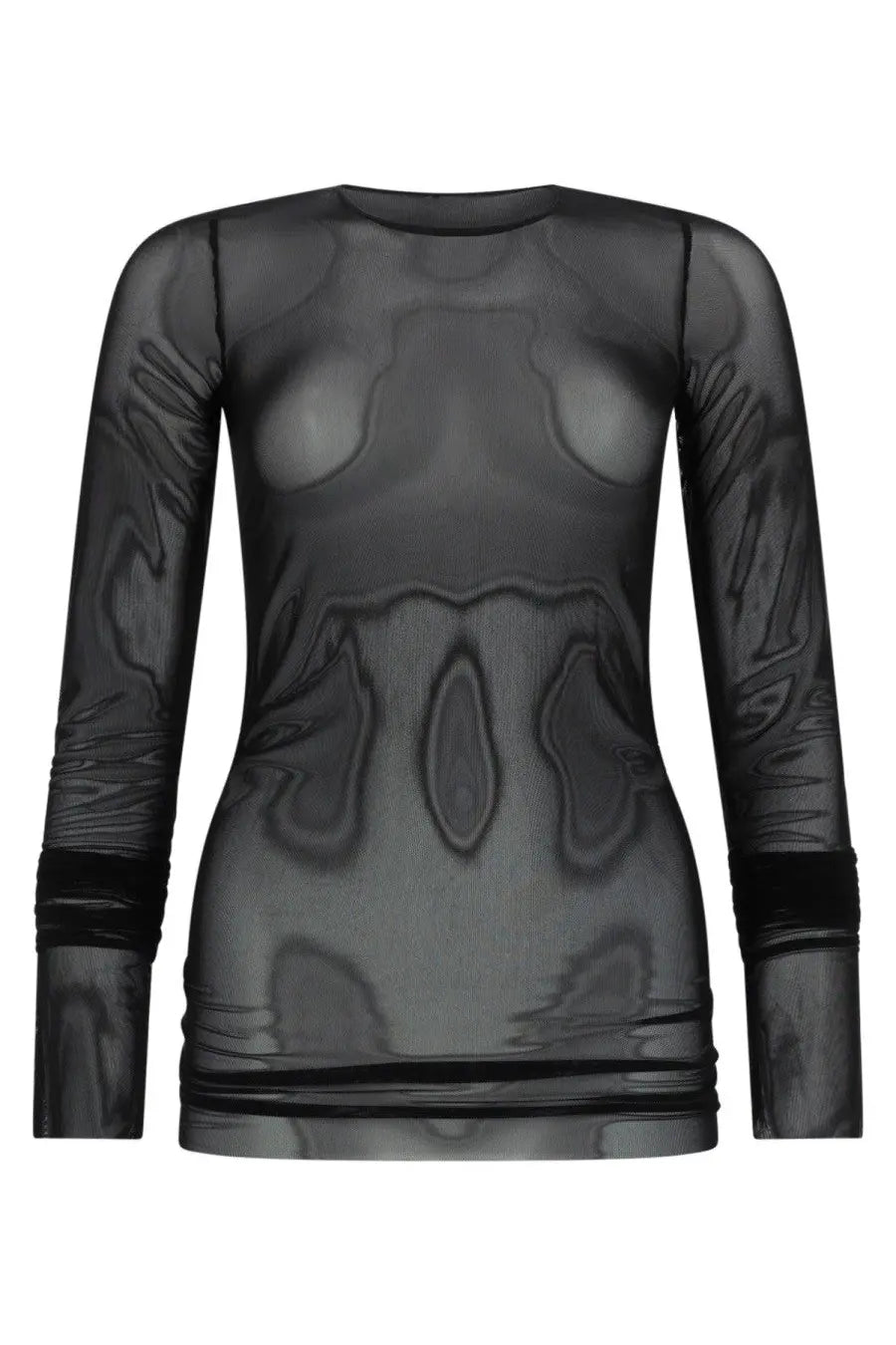 Rick Owens Lilies women’s basic long-sleeved black sheer top with subtle abstract pattern and ribbed cuffs