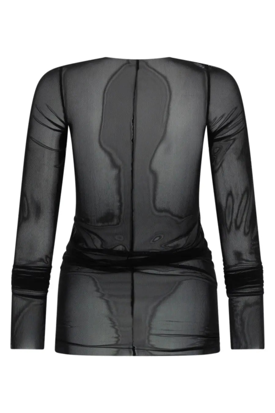 Rick Owens Lilies women’s basic black long-sleeved sheer top with fitted silhouette and subtle textured pattern