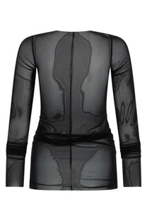 Rick Owens Lilies women’s basic black long-sleeved sheer top with fitted silhouette and subtle textured pattern