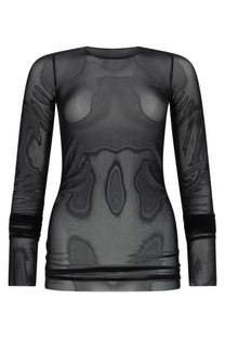 Rick Owens Lilies women’s basic long sleeve black sheer top with subtle abstract pattern and ribbed cuffs