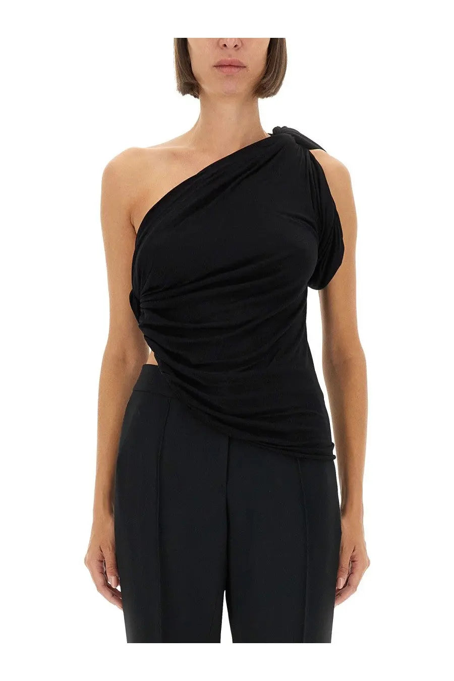 Black rick owens lilies women’s draped one shoulder top with side cutout and flowing fabric detail