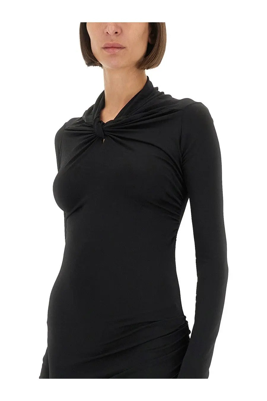 Rick Owens Lilies women’s black long-sleeved dress with draped knotted neckline, elegant and stylish design