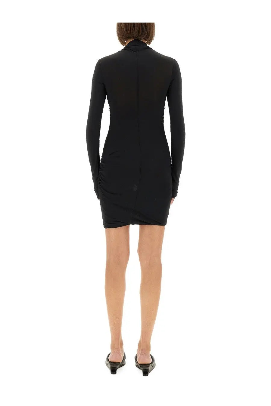 Rick Owens Lilies women’s black long-sleeved fitted mini dress with high neckline and subtle side ruching