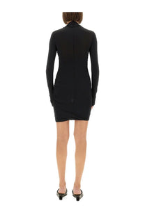 Rick Owens Lilies women’s black long-sleeved fitted mini dress with high neckline and subtle side ruching