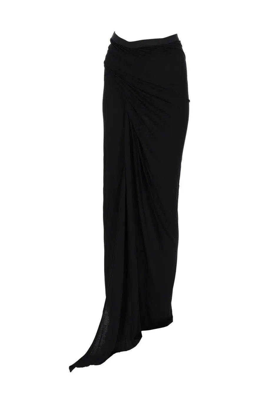 Rick Owens Lilies women’s black asymmetrical maxi skirt with draped front and flowing fabric design