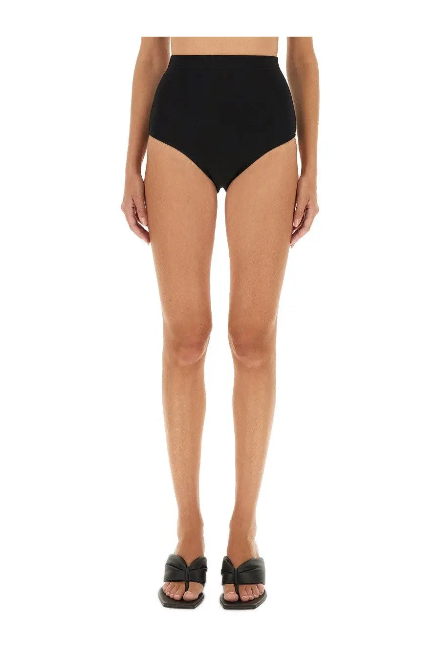 Rick Owens Lilies women’s black high waisted shorts with a smooth seamless design in the front view