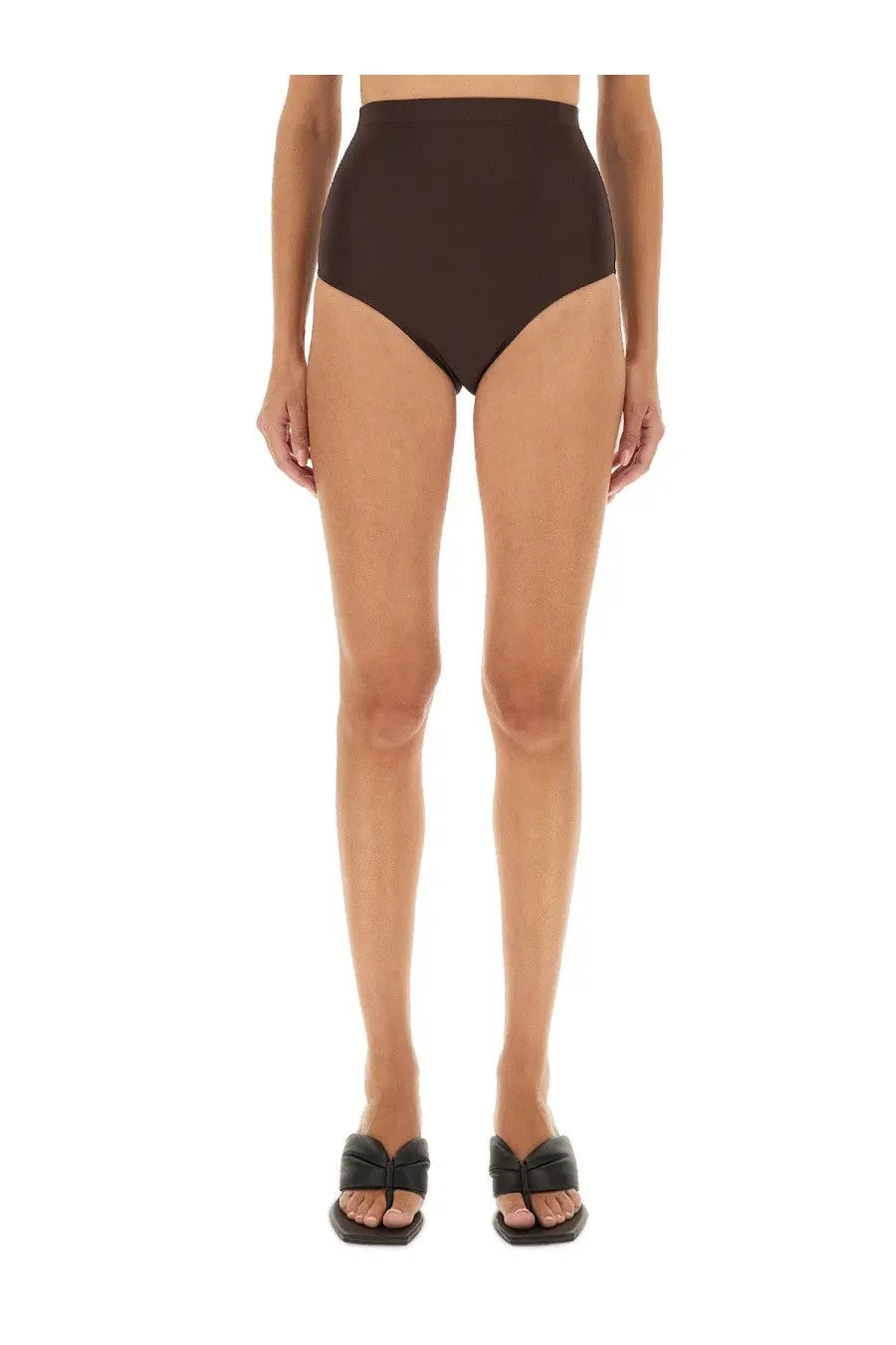 Rick Owens Lilies women’s high waisted shorts in brown with smooth seamless fabric finish front view