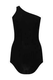 Rick Owens Lilies women’s black one-shoulder bodysuit with a sleek form-fitting design in lightweight fabric