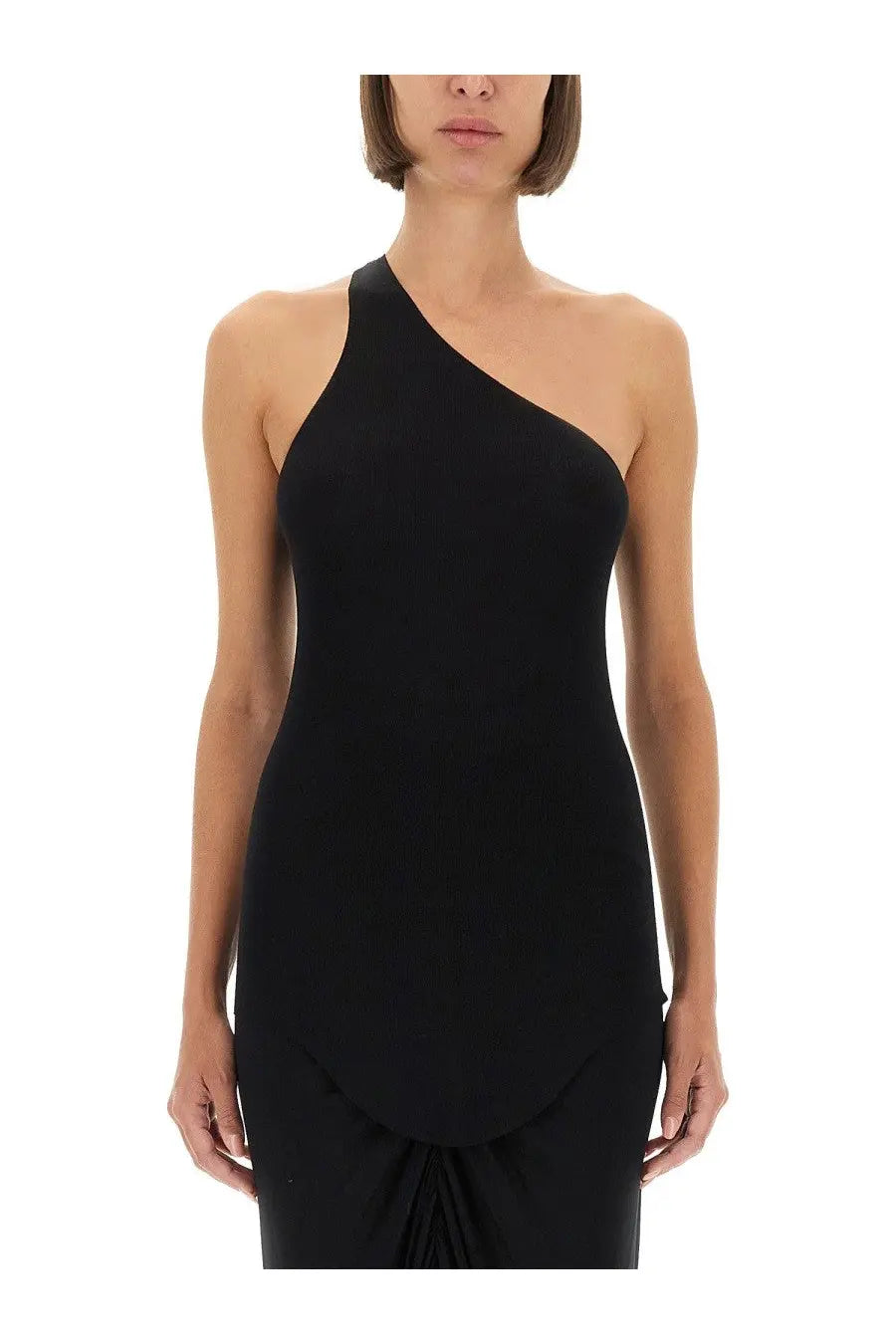 Rick Owens Lilies women’s black one-shoulder dress with sleek form-fitting silhouette and subtle ruching at the hem