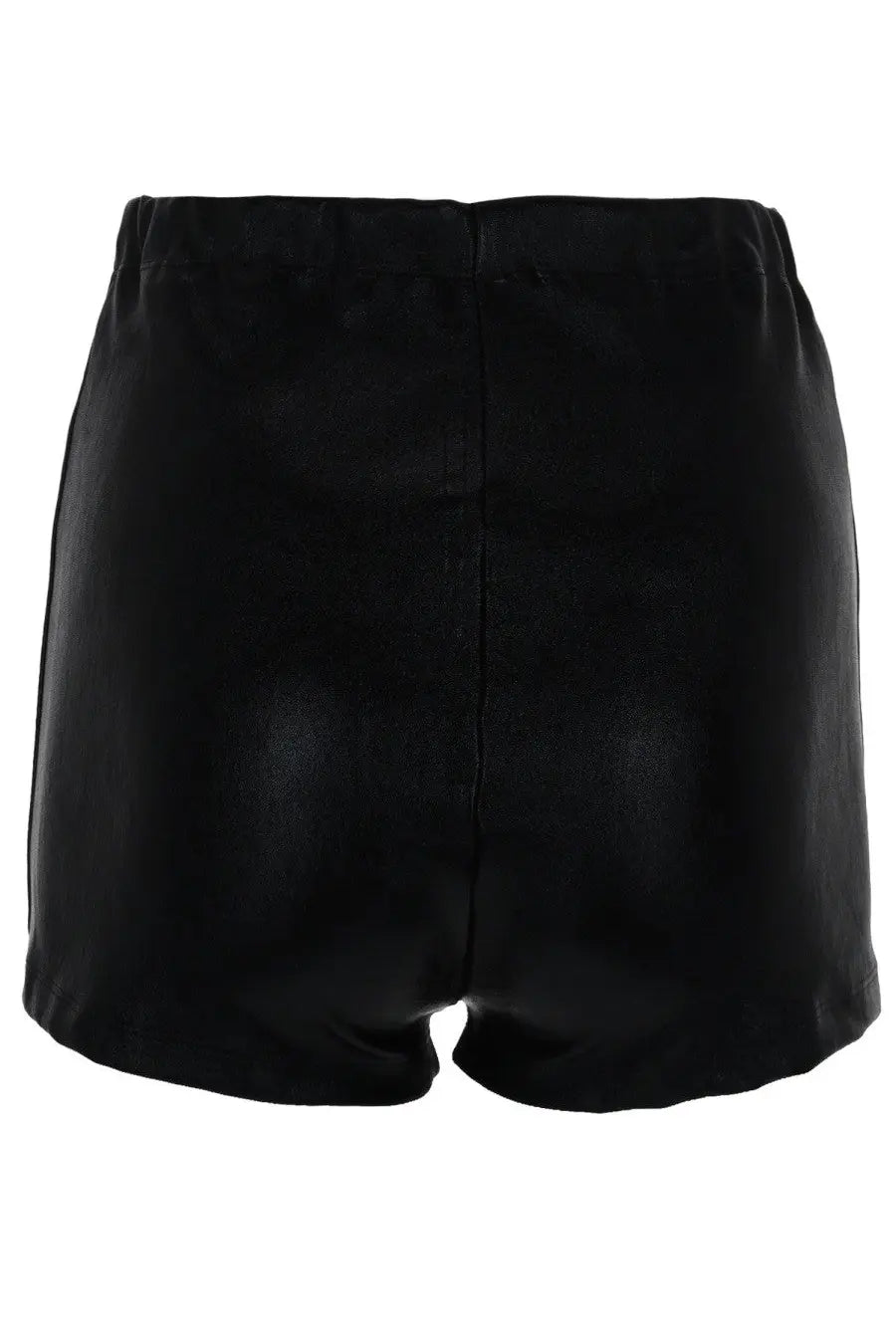 Rick Owens Lilies women’s black faux leather shorts with a smooth finish and elastic waistband front view