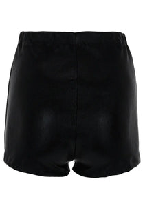 Rick Owens Lilies women’s black faux leather shorts with a smooth finish and elastic waistband front view