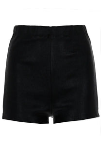 Rick Owens Lilies women’s high-waisted black leather shorts with a straight-cut dirt bolan cut off design