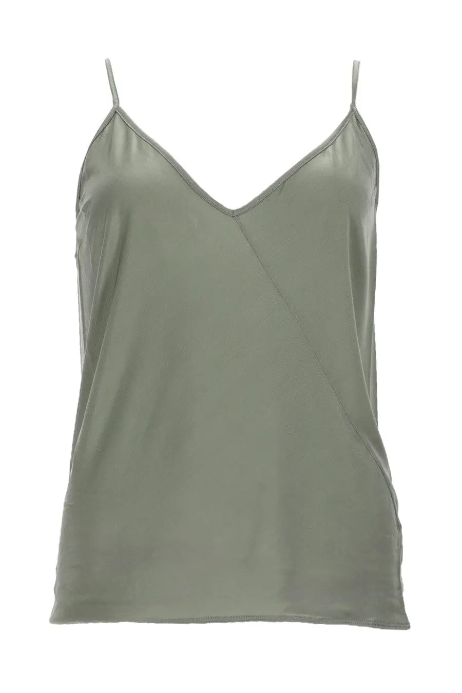 Rick Owens Lilies women’s top in jade grey satin with thin spaghetti straps and a flattering v neck camisole design