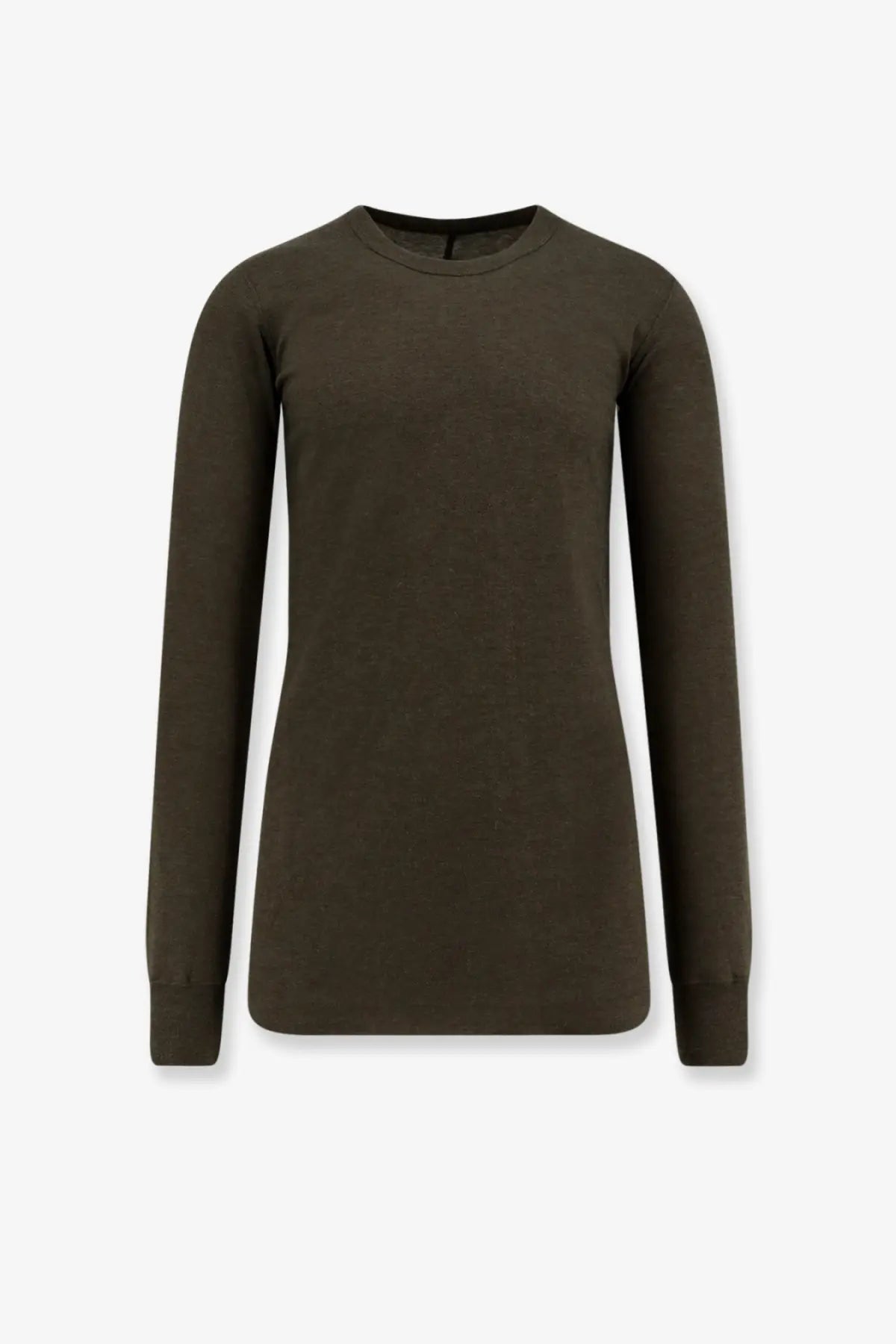 Rick Owens men’s olive green long-sleeved viscose blend crew neck shirt with ribbed cuffs and hem