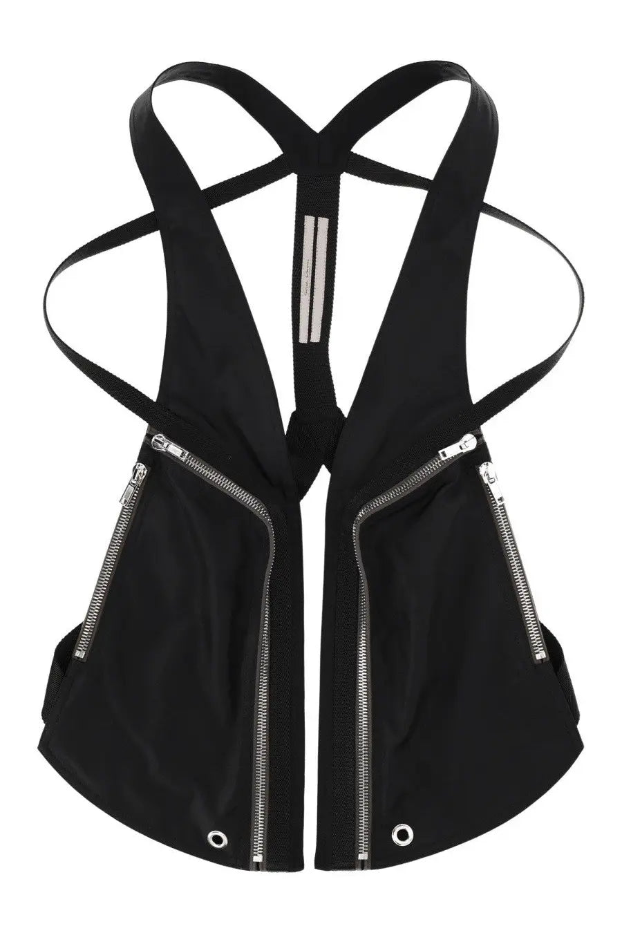Rick Owens men’s bauhaus black tactical-style vest with silver zippers and reflective stripes on the straps