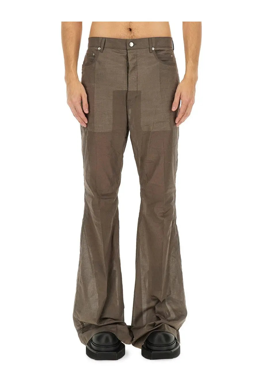 Rick Owens men’s bootcut pants grey in matte brown with subtle reflective panels on the thighs