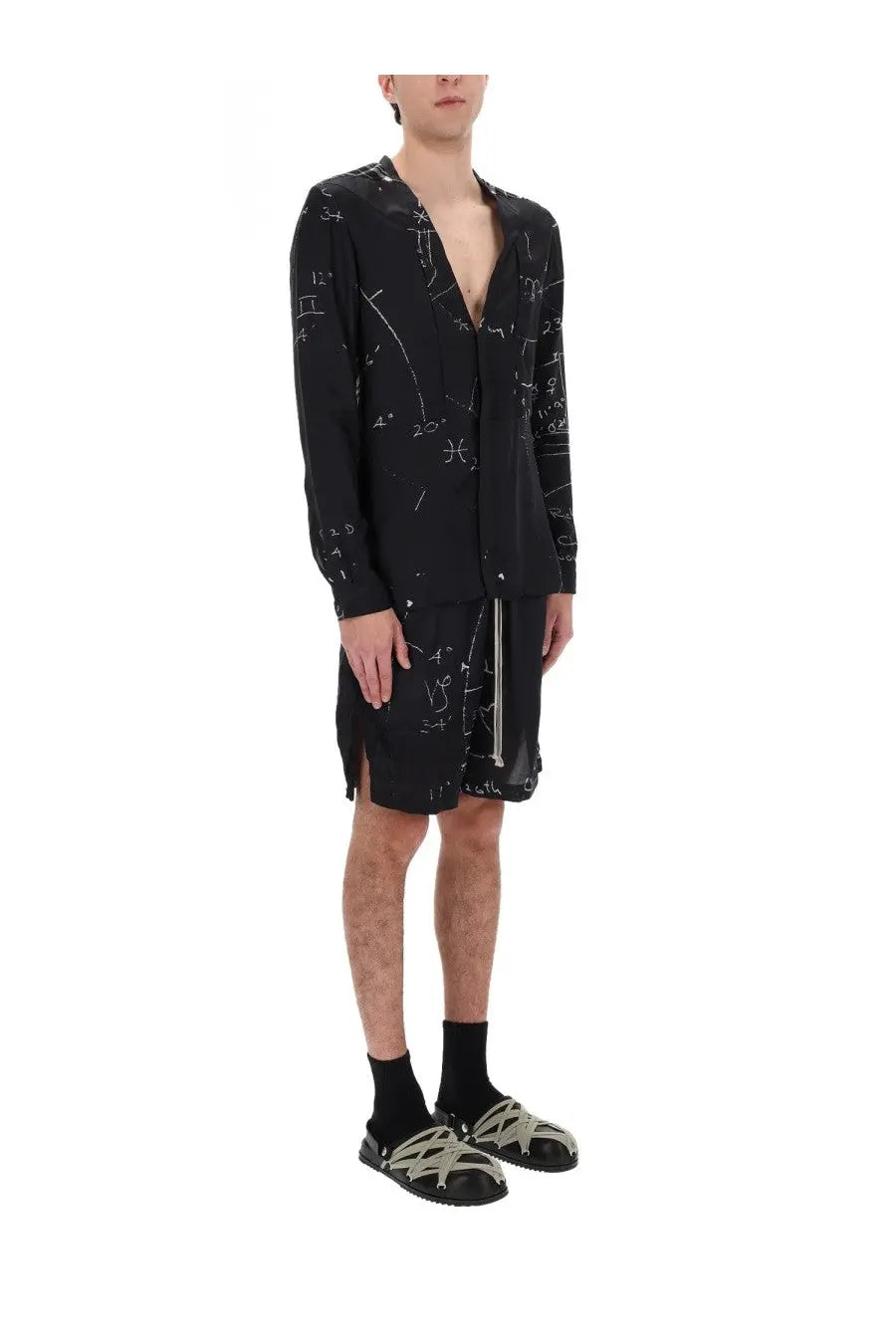 Rick owens men’s boxers shorts in black with white mathematical equations printed on a black long-sleeved shirt fabric