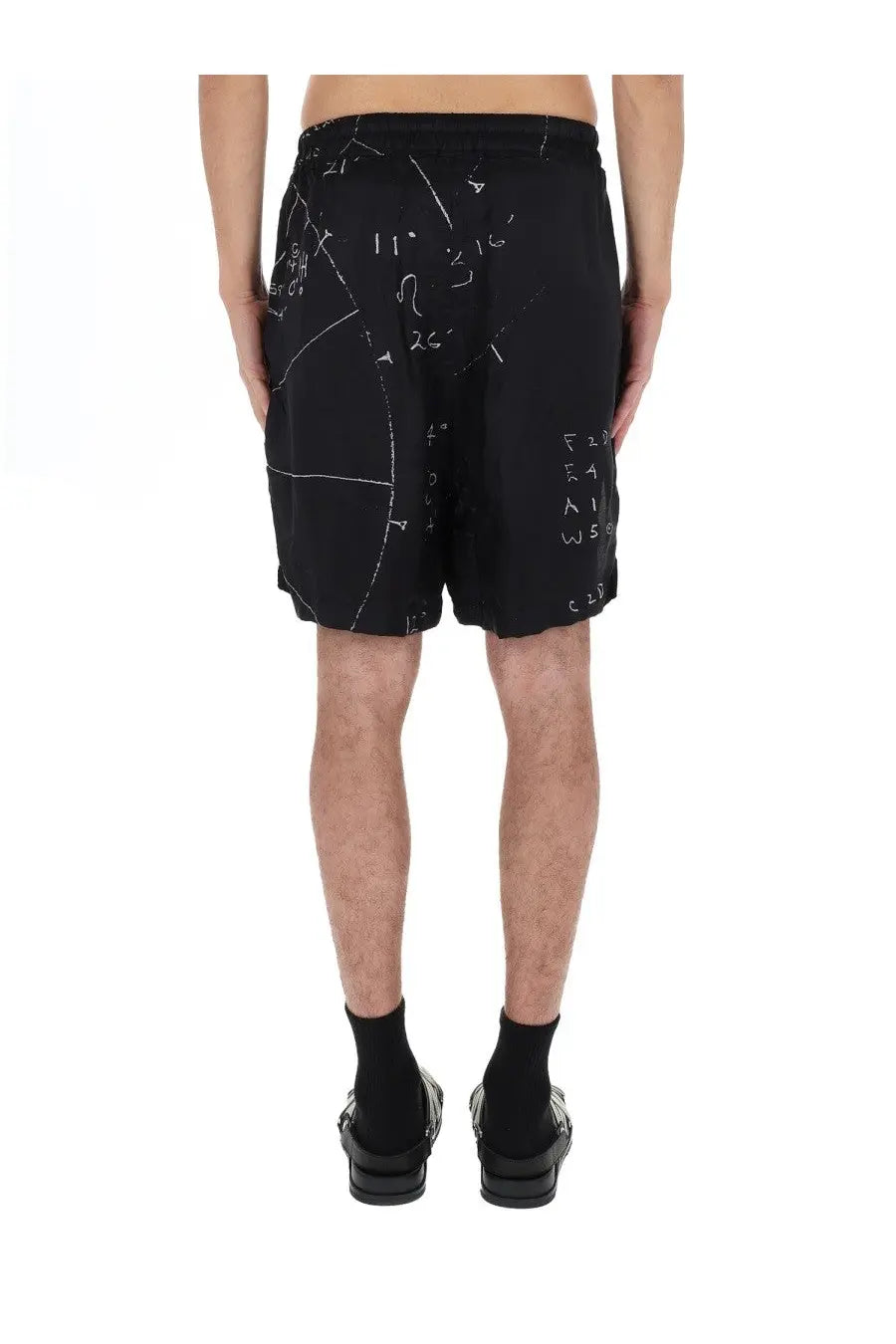 Rick Owens men’s black boxer shorts featuring a white chalkboard-style graphic with mathematical equations