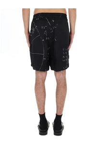 Rick Owens men’s black boxer shorts featuring a white chalkboard-style graphic with mathematical equations