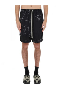 Rick Owens men’s black boxer shorts with white mathematical equation print and light gray drawstring waistband