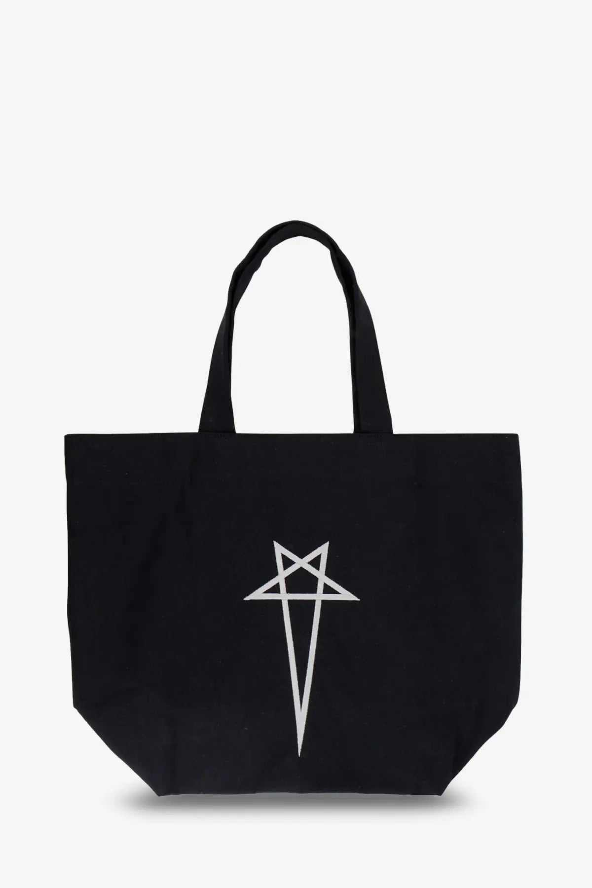 Rick Owens men’s black canvas tote bag featuring a white pentagram design on the front side