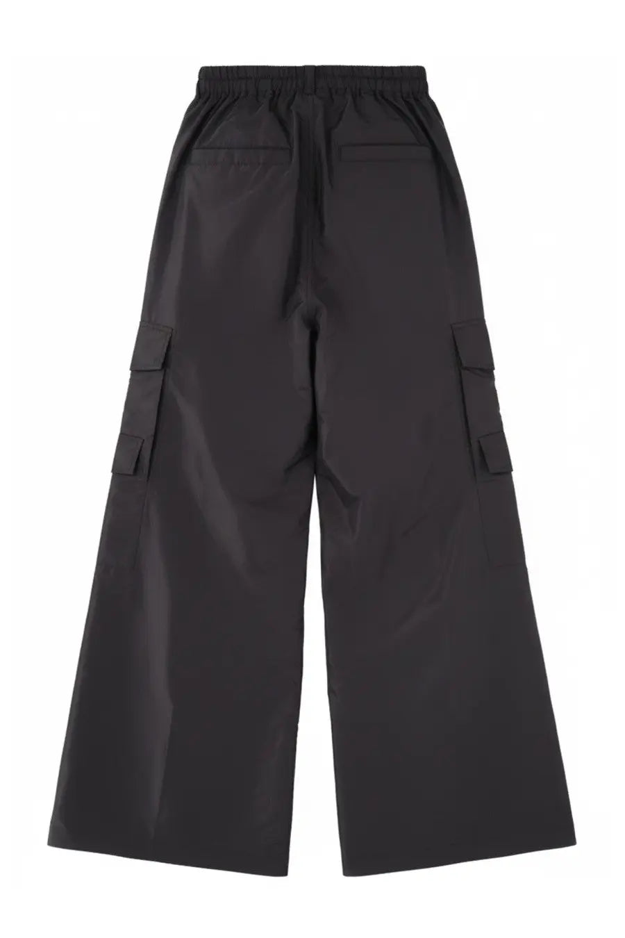 Rick Owens men’s black wide-leg cargo pants with elastic waistband and large side pockets in cotton material