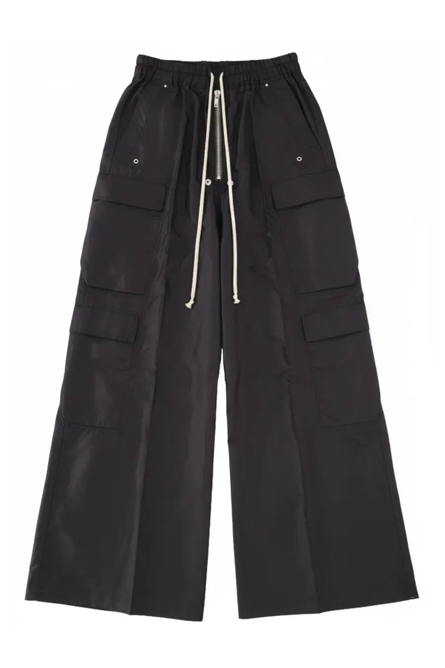 Rick Owens men’s black wide-leg cargo pants with multiple pockets drawstring waistband and zipper detail