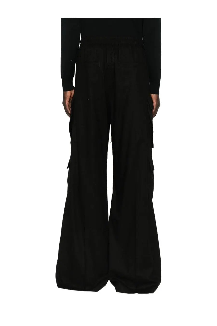 Rick Owens men’s cargo pants bela black wide-leg style with multiple side pockets and drawstring waistband