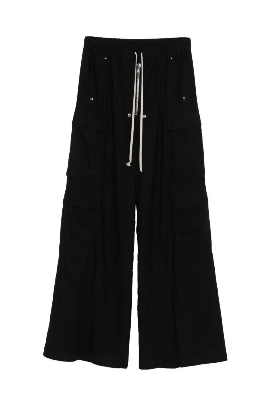 Rick Owens men’s cargo pants in black with wide-leg fit silver zipper and drawstring details