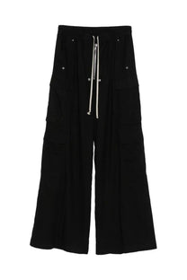 Rick Owens men’s cargo pants in black with wide-leg fit silver zipper and drawstring details
