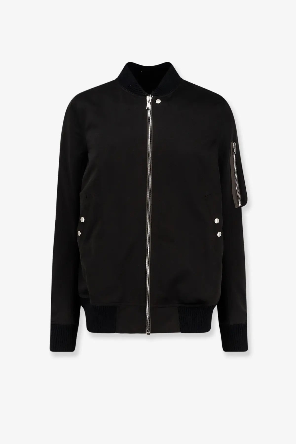 Rick Owens men’s classic flight bomber black jacket with silver zippers and button accents in leather material