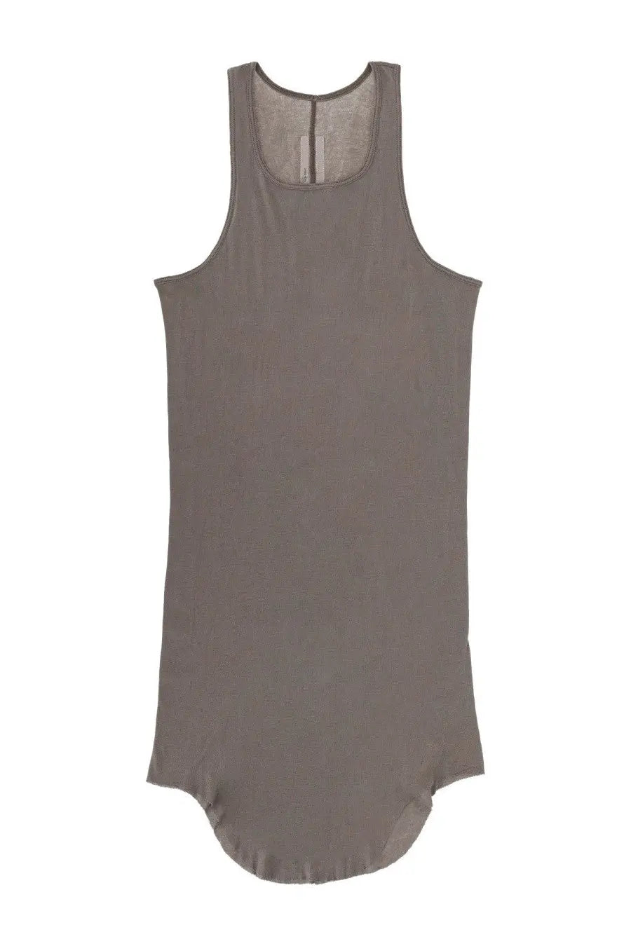 Rick owens men’s cotton grey sleeveless dress with a slate-gray sheer mesh back and relaxed elongated silhouette