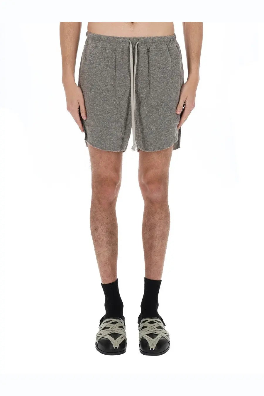 Rick Owens men’s dbl boxers shorts in gray heathered cotton with drawstring waist and frayed hem front view