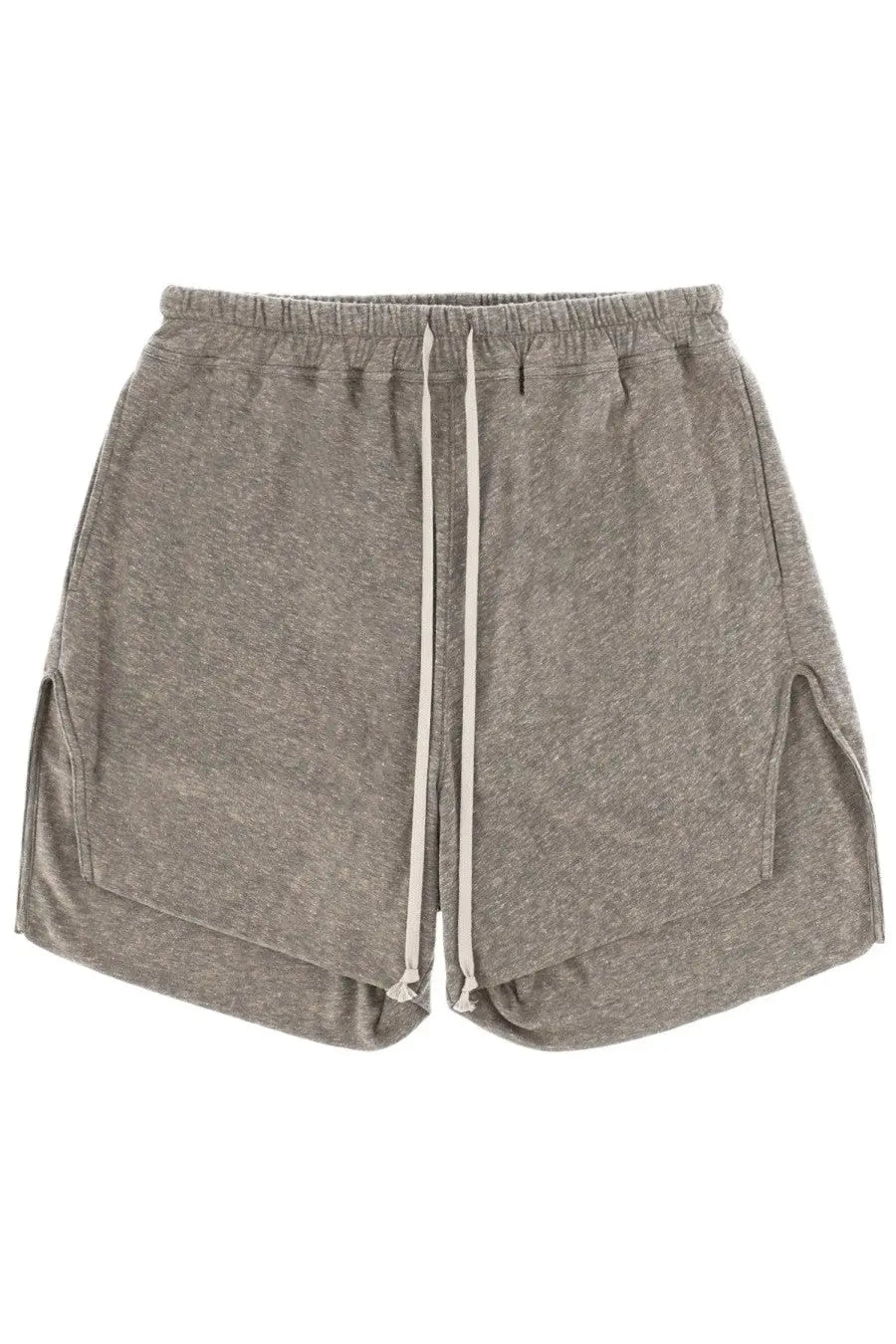 Rick Owens men’s dbl boxers shorts in grey heathered fabric with drawstring waist and side slits
