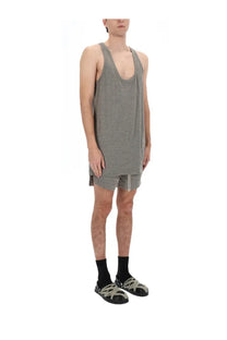 Rick Owens men’s gray dbl boxers shorts with a loose fit, subtle textured weave, and asymmetrical hemline