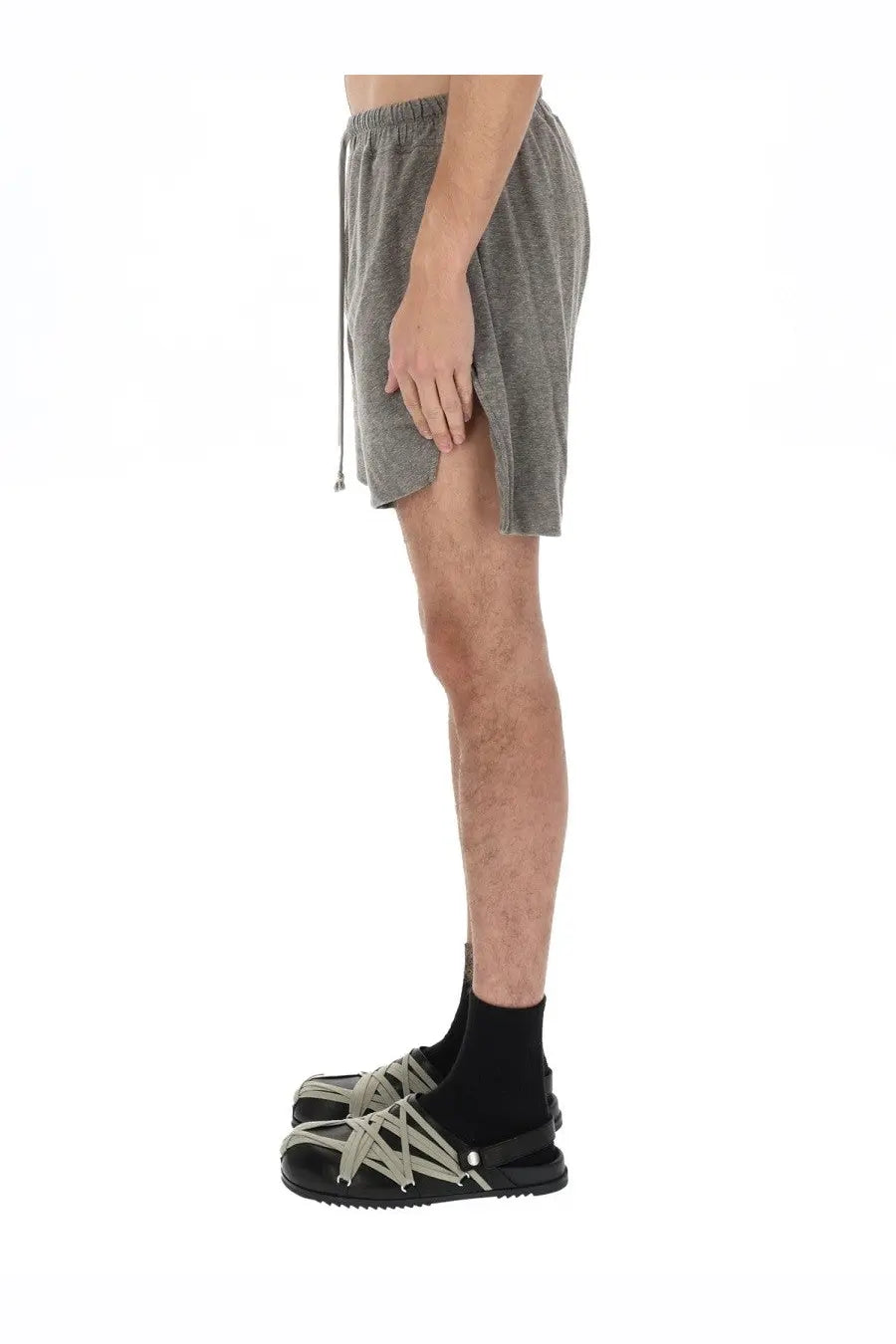 Rick Owens men’s dbl boxers shorts grey with gray textured fabric and a drawstring waistband